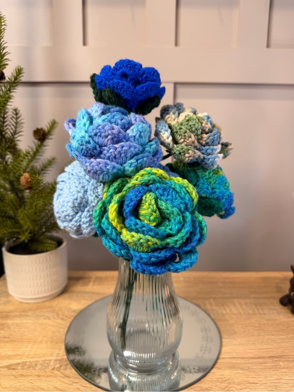 Handmade Blue & Green Crochet Flower Bouquet - Home Accents 8 flowers